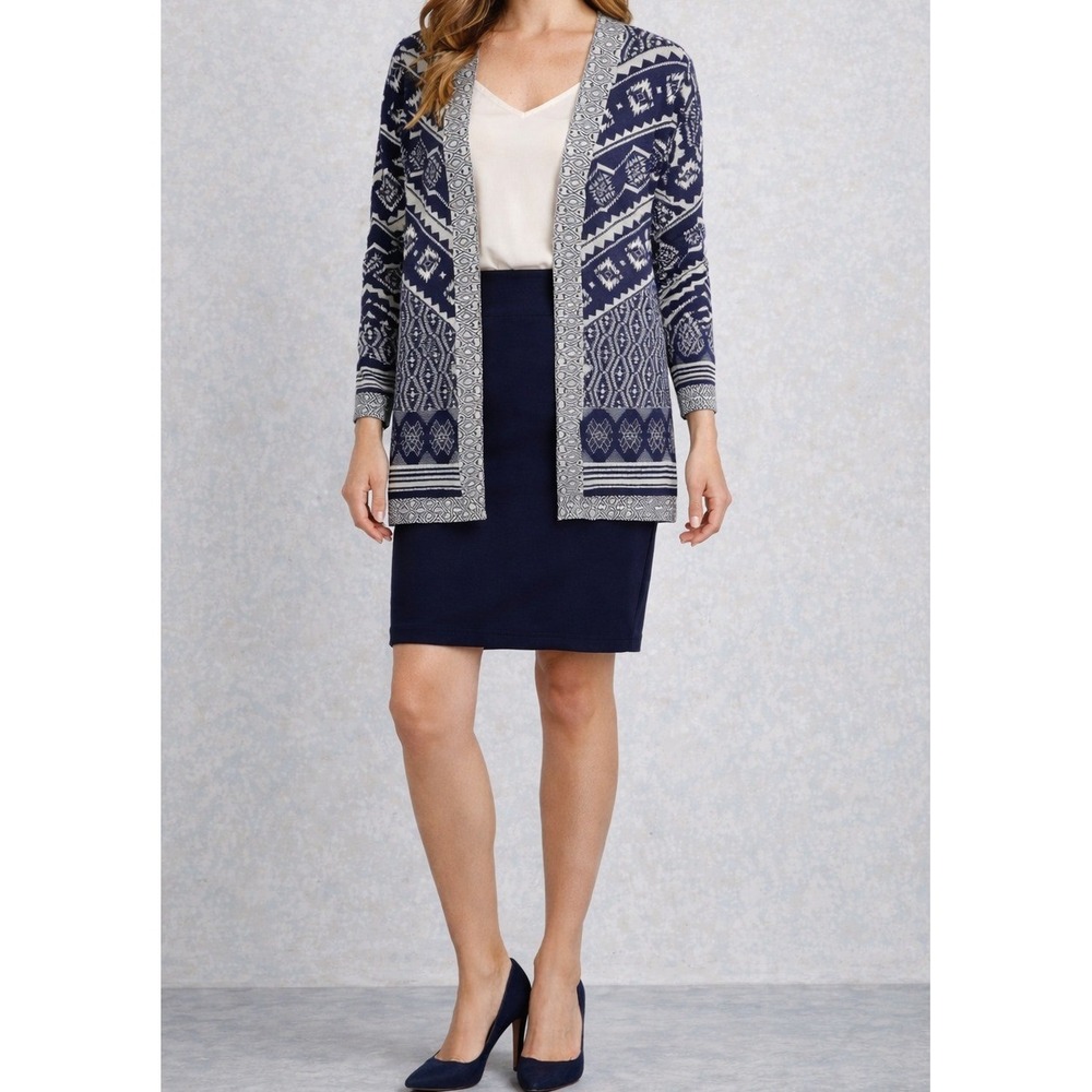 Hippie Rose Aztec Cardigan Sweater Medium Blue‎ White Knit Open Front soft comfy